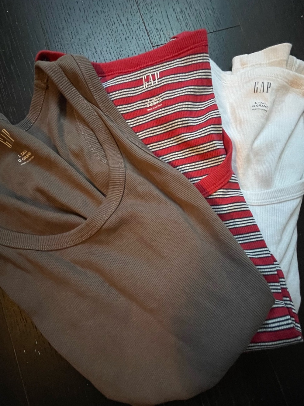 3 NEW GAP Ribbed Tank Tops - Brown, Red Striped, White